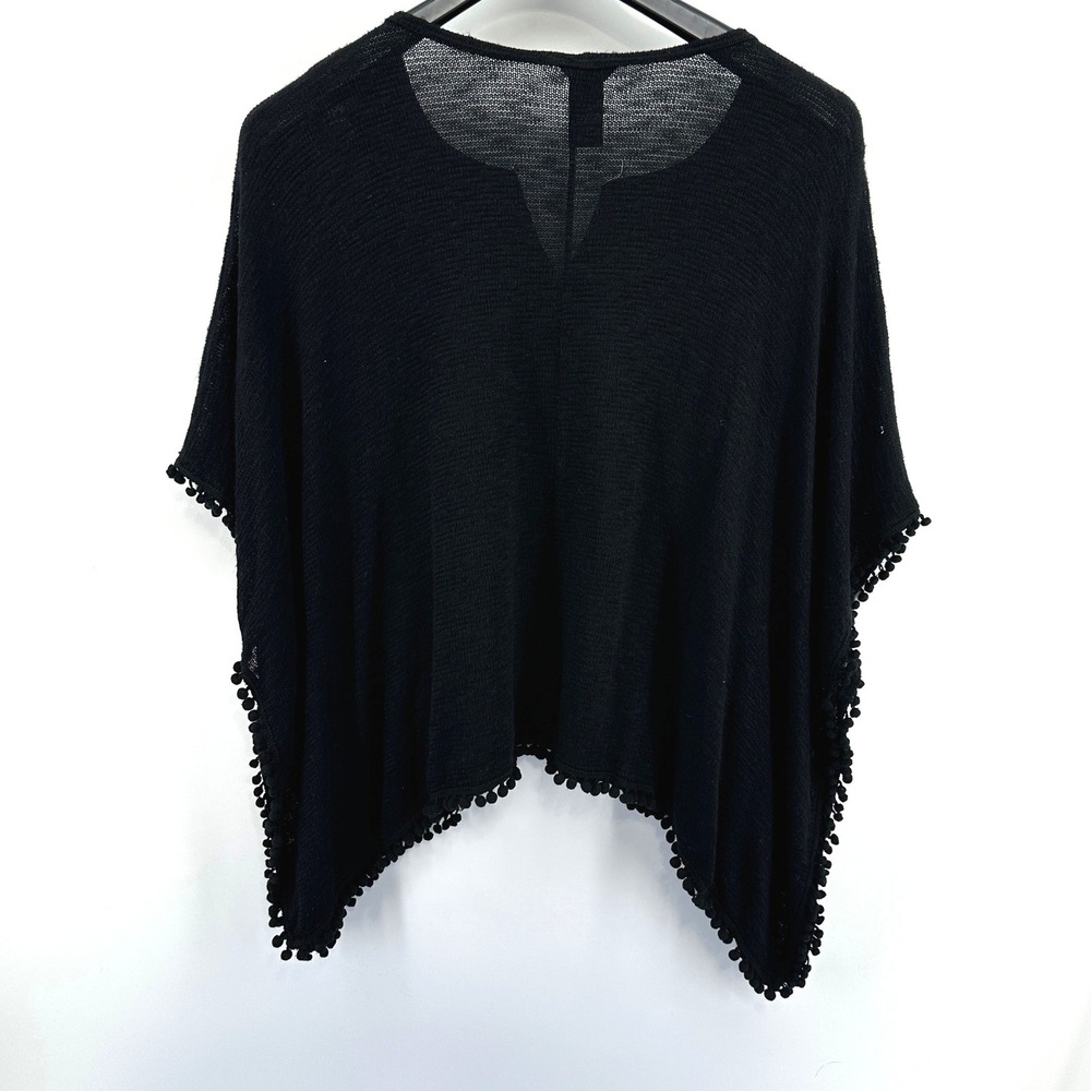 Rock 47 Poncho Women Medium Black Geometric Embroidered Pom Pom Trim Relaxed USA - Picture 2 of 7